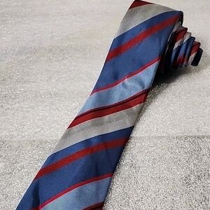 CHARLES TYRWHITT London Repp Stripe‎ Tie Silk Blue Red Silver Necktie 62"x3.25"